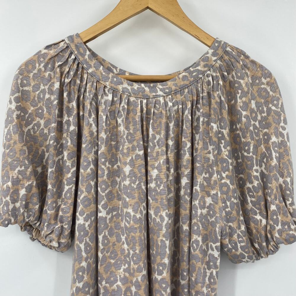 Anthropologie Maeve Leopard Print Linen Top Puff Sleeve Scoopneck Gray Medium - Picture 4 of 8